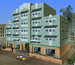 The hotel as it appears in Grand Theft Auto: Vice City.