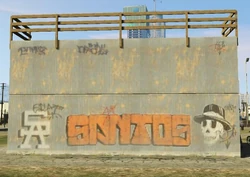 Santos mural on the back of the half-pipe.