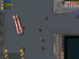 The SRS Clones firing their S-Uzi Machine Guns at the Bus, destroying it and killing the gang members inside.