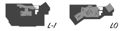 Map of the interior. Lower floor (left) and upper floor (right). Note the garage layout.