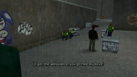 One of the Yardies asks Toni to help them make their way to the street where an Ambulance will arrive to pick them up.
