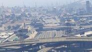 An aerial shot of Route 20 and the Four Level interchange.