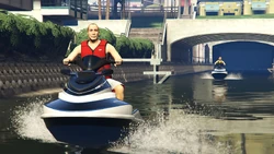The two targets who stole the documents are riding on jetskis in the canals.