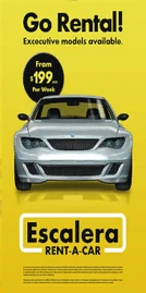 Advertisement at LSIA promoting executive models available from $199 per week, featuring a Zion.