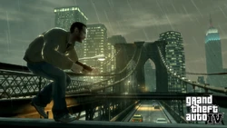 Niko creeping across the Broker Bridge on a rainy night