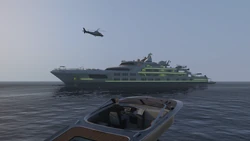 The player approaching the vessel, and the helicopter departing