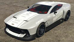 A Champion with the Pisswasser Racecar livery in Grand Theft Auto Online. (Rear quarter view)