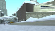 Carl Johnson heading towards Marco's Bistro in a taxi in a snowy Saint Mark's.
