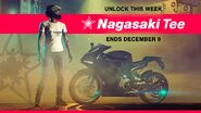 White and Red Nagasaki Tee advertisement, featuring a Carbon RS.