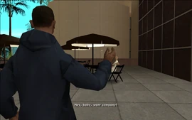 While Smoke takes care of business inside, CJ tries flirting with a nearby woman.