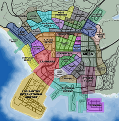 A map showing the districts and regions of Los Santos