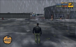 The mafiosos walking out of the warehouse to buy ice cream.