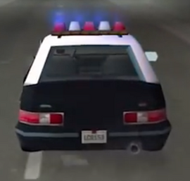 Rear view of the LCPD Police car in the mobile version of Grand Theft Auto: Liberty City Stories (note the lack of the word "POLICE" which was added in a later patch).