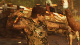 A red, white and yellow Caracara 4x4 monster truck seen in the first trailer.