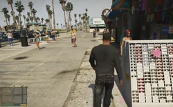  walking past a store on the Vespucci Beach Sidewalk
