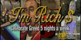 A texture of an advertisement for I'm Rich, which can be seen on top of taxis and billboards.