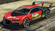 A Nero Custom with a Sprunk livery in Grand Theft Auto Online. (Rear quarter view)