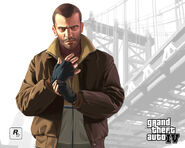 Niko Bellic artwork with a background theme.