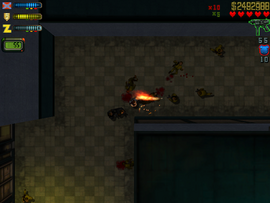 The Scientists attacking Claude using Flamethrowers.