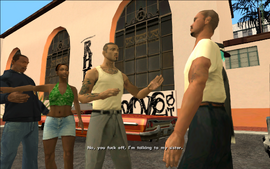 CJ in turn tells the gangbanger to get out of Unity Station himself, as CJ is speaking to his sister and he can't stop him from doing so.