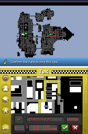 Selecting a taxi's destination in Grand Theft Auto: Chinatown Wars (DS version).