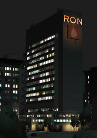 The RON building during night time.