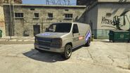 A Rumpo with a glitched Weazel News livery in the enhanced version of GTA V, prior to it being patched.