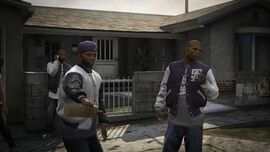 Ballas gang members wearing Boars-branded clothing.