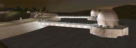The upper level of the dam, with the roadway and dual intake towers in view, GTA III.