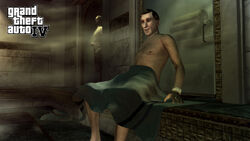 Pre-release The Lost and Damned screenshot of Thomas Stubbs in a Jousters sauna.