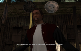 MadeInHeaven-GTASA-SS10.png (1.14 MB) Carl says that it can be so if she wants it, whilst trying his best to make it seem that he cares about this breakup by saying that she's breaking his heart.