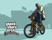 Artwork of an early design of CJ on a BMX for GTA San Andreas.