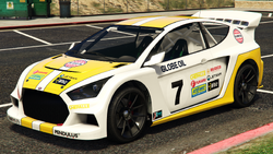 A Flash GT with a Globe Oil "7" livery in Grand Theft Auto Online. (Rear quarter view)