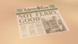 Illegible "Not Ferry Good" news story related to the ferry strikes, found as litter in Grand Theft Auto: Liberty City Stories