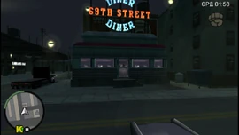 The diner in Grand Theft Auto: Chinatown Wars from a street perspective. An edited save game was used in order to obtain this view.