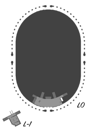 Interior map layout. The main building (middle) and the backstage (bottom left corner).