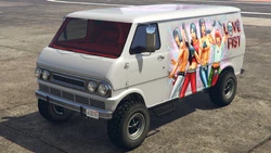 A Youga Classic 4x4 with a Love Fist livery in Grand Theft Auto Online. (Rear quarter view)