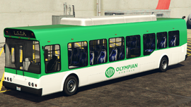 An Airport Bus with an Olympian Rentals livery in Grand Theft Auto V. (Rear quarter view)
