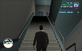 Tommy climbing the stairs in the hotel.