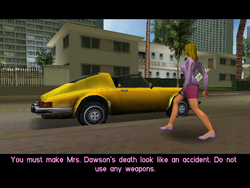 Dawson going to her car, a yellow Comet.