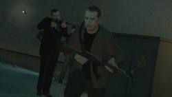 Phil, Niko and Frankie escaping the N.O.O.S.E. agents in To Live and Die in Alderney.