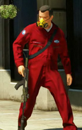 Michael De Santa holding a customized Assault Rifle in Grand Theft Auto V, during The Jewel Store Job.