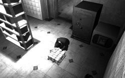 Niko, seen by a security camera, gathering the money.