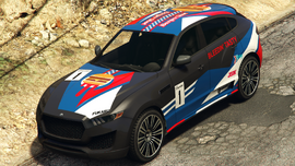 A Novak with a Burger Shot livery in Grand Theft Auto Online. (Rear quarter view)