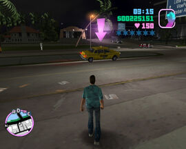 A Kaufman Cab in Grand Theft Auto: Vice City waiting in front of a hospital to take the player to the trigger that activates the last mission the player attempted, after the player failed the mission by dying.