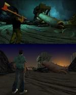 Comparison between an early development screenshot of Dentons City Junkyard in  (Manhunt) and a screenshot of the Vice City Junkyard (GTA Vice City).