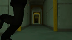 A suspicious person is seen running at the end of the corridor, heading towards the hull.
