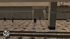 The reporter exits. CJ must not spook the reporter while following him.