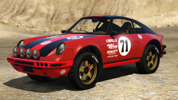 A Comet Safari with a Globe Oil livery in Grand Theft Auto Online. (Rear quarter view)