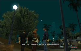 Loc tells CJ that he can't go to Grove Street, as he needs to check in at the job his parole officer got him.